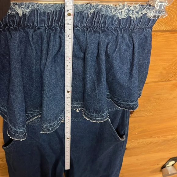 JOA Los Angeles Womens Strapless Blue Denim Jumpsuit  Wide Leg Cropped Frayed XS - Picture 4 of 11